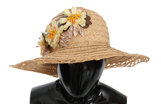 Dolce & Gabbana – Beigefarbener Capello-Bucket-Hut mit Blumenmuster und breiter Krempe