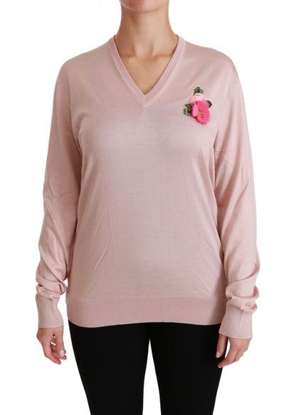 Dolce &amp; Gabbana – Seidenpullover mit rosa Blumenverzierung