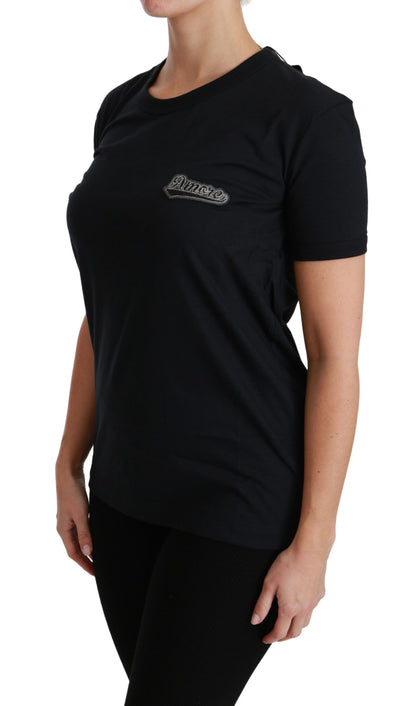 Dolce &amp; Gabbana – Blaues T-Shirt mit Rundhalsausschnitt und Amore-Patch aus Baumwolle