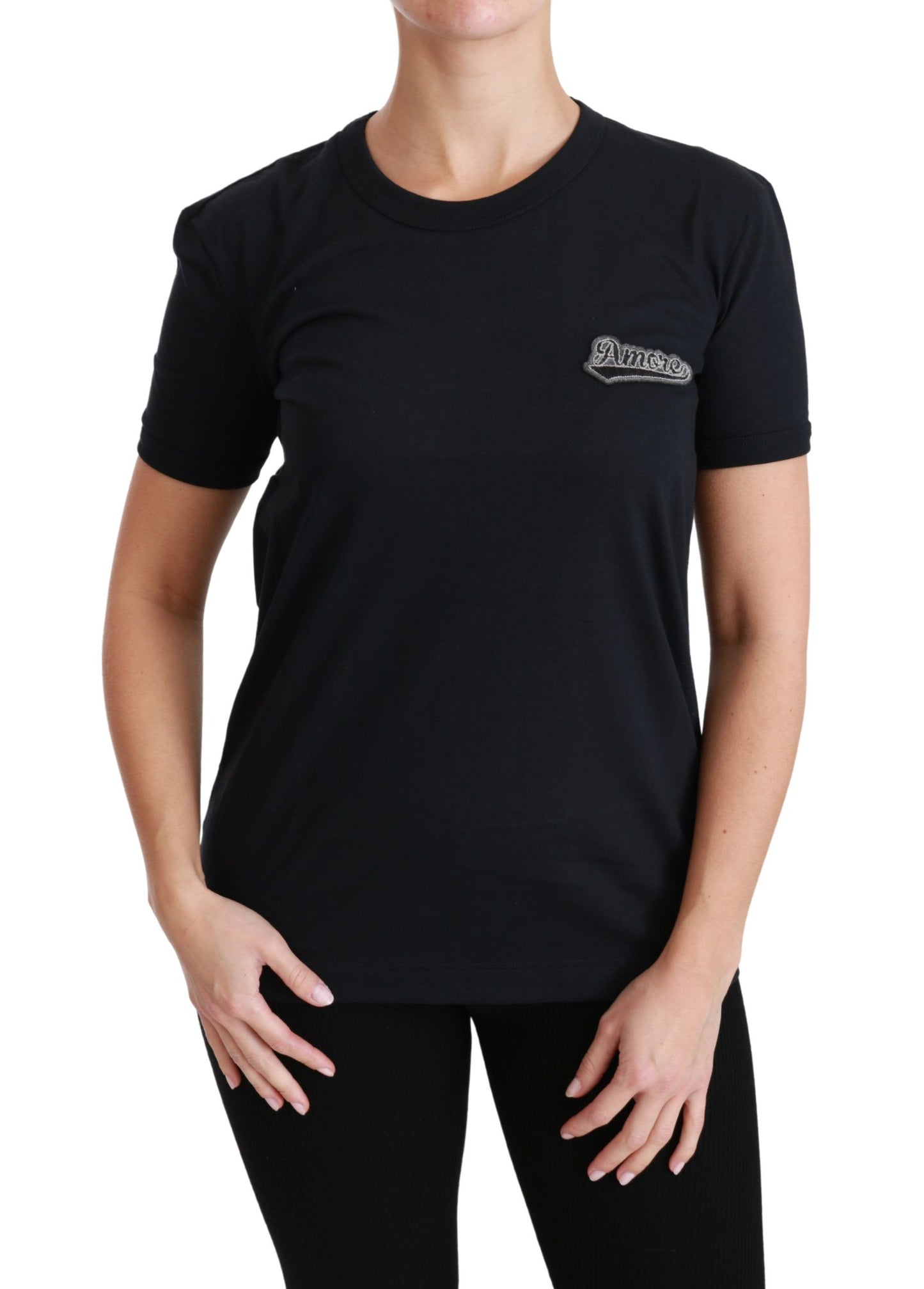 Dolce &amp; Gabbana – Blaues T-Shirt mit Rundhalsausschnitt und Amore-Patch aus Baumwolle