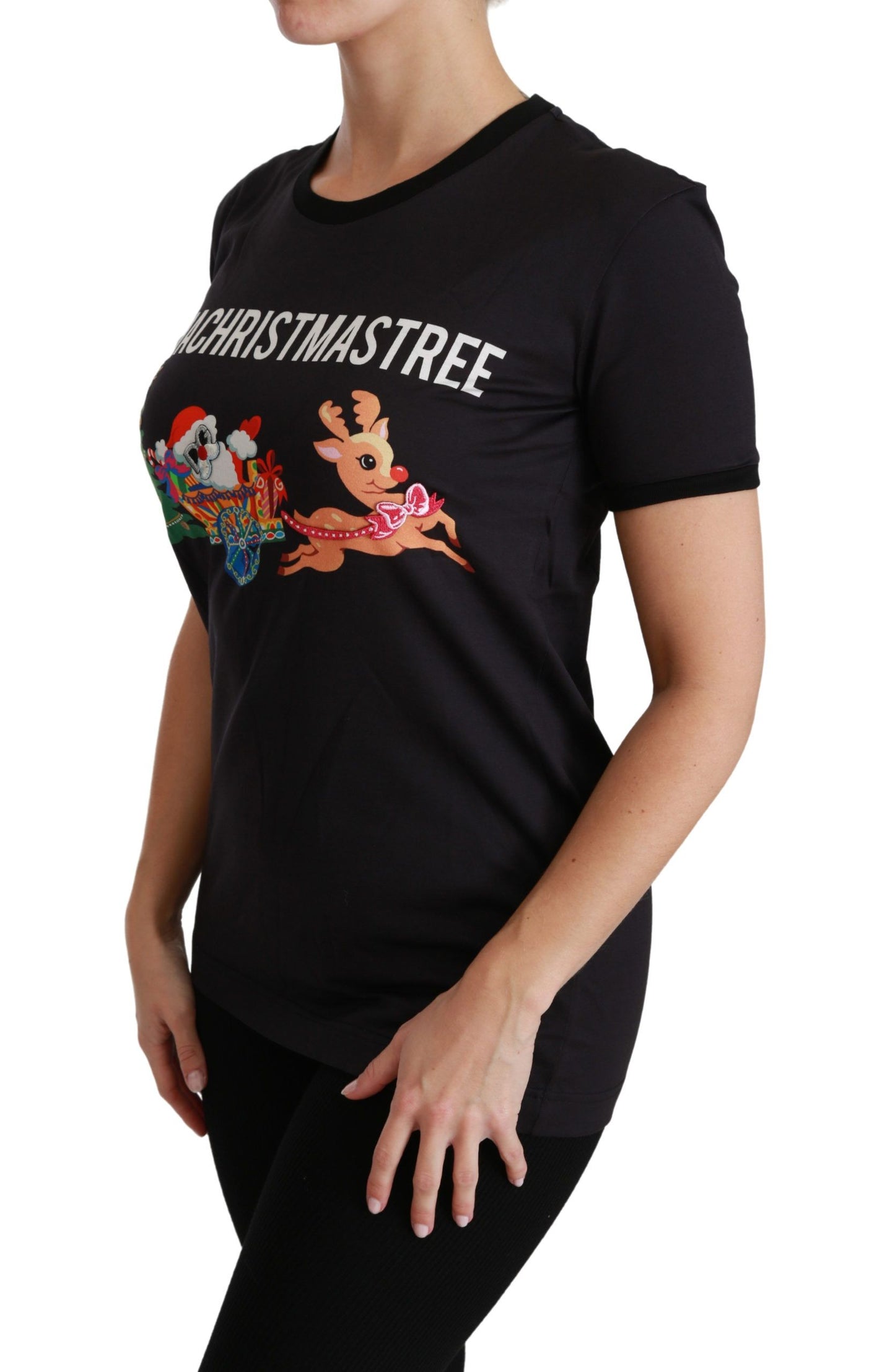 Dolce &amp; Gabbana – Schwarzes T-Shirt mit Rundhalsausschnitt „#ImAChristmasTree“