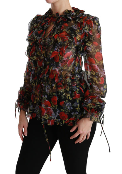 Dolce &amp; Gabbana Schwarze Bluse mit Rosen-Blumenmuster, Seidentop