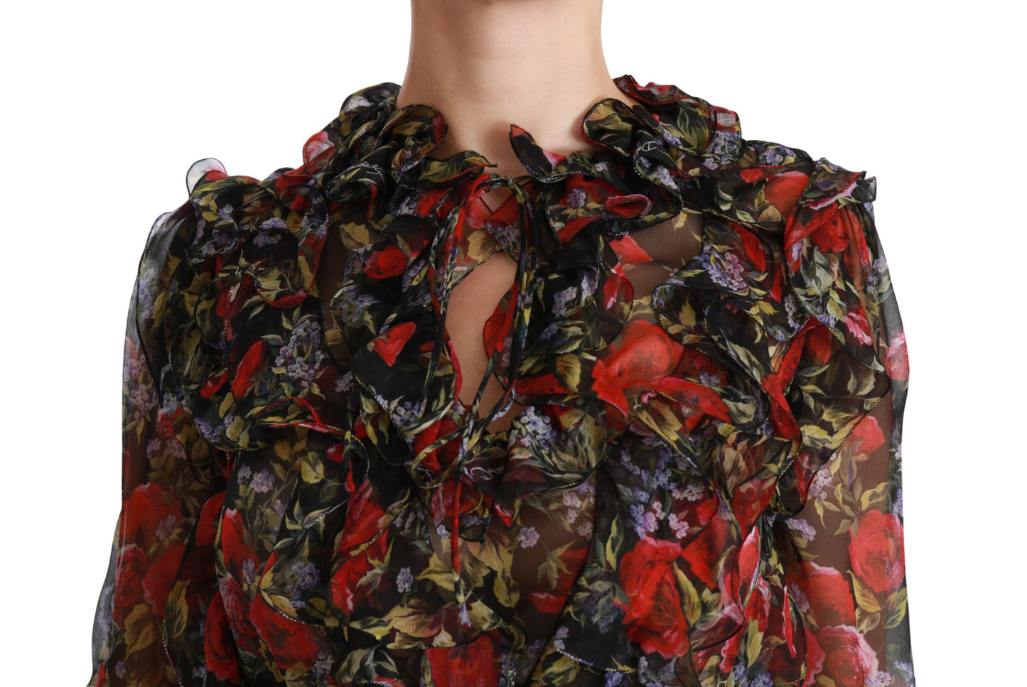 Dolce &amp; Gabbana Schwarze Bluse mit Rosen-Blumenmuster, Seidentop
