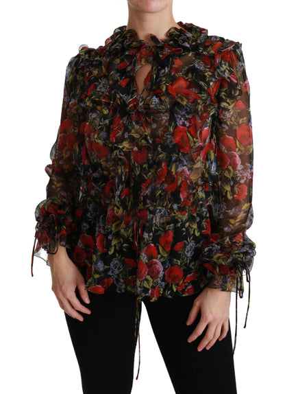 Dolce &amp; Gabbana Schwarze Bluse mit Rosen-Blumenmuster, Seidentop