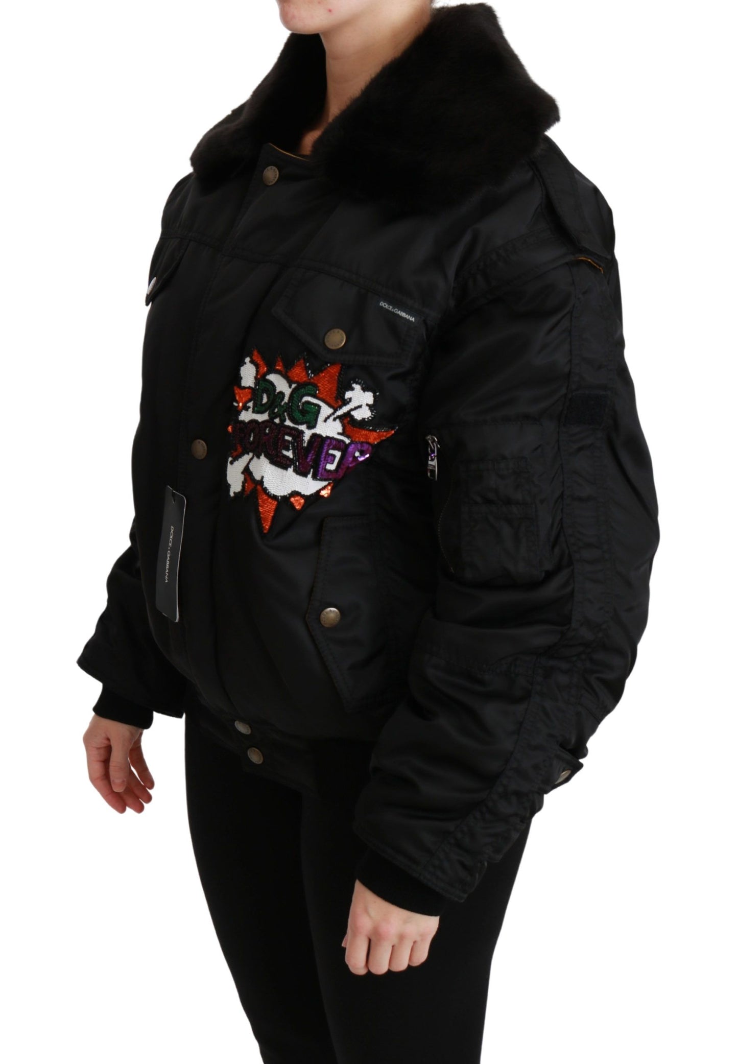 Dolce &amp; Gabbana Schwarze Bomberjacke mit Pailletten und Queen Crown