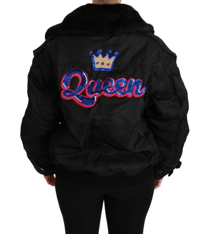 Dolce &amp; Gabbana Schwarze Bomberjacke mit Pailletten und Queen Crown