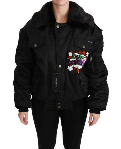 Dolce &amp; Gabbana Schwarze Bomberjacke mit Pailletten und Queen Crown
