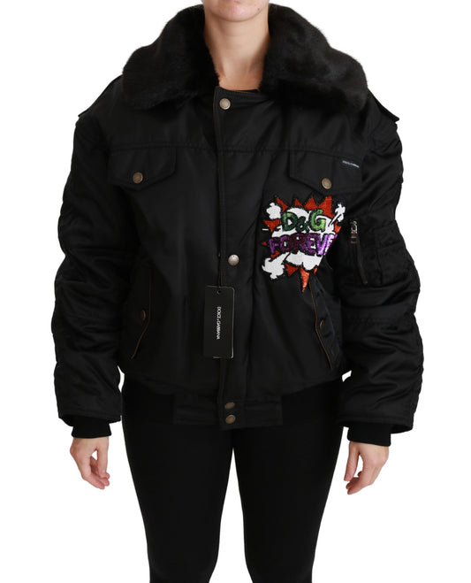 Dolce &amp; Gabbana Schwarze Bomberjacke mit Pailletten und Queen Crown