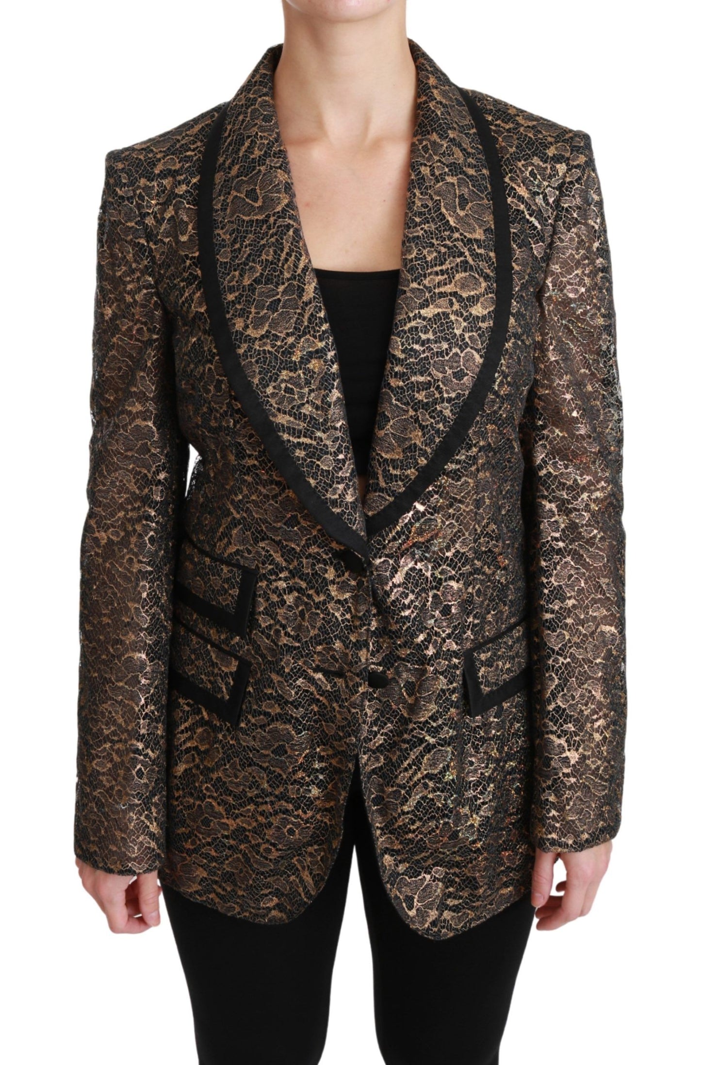 Dolce &amp; Gabbana Gold Schwarzer Spitzenblazer Mantel Blumenjacke