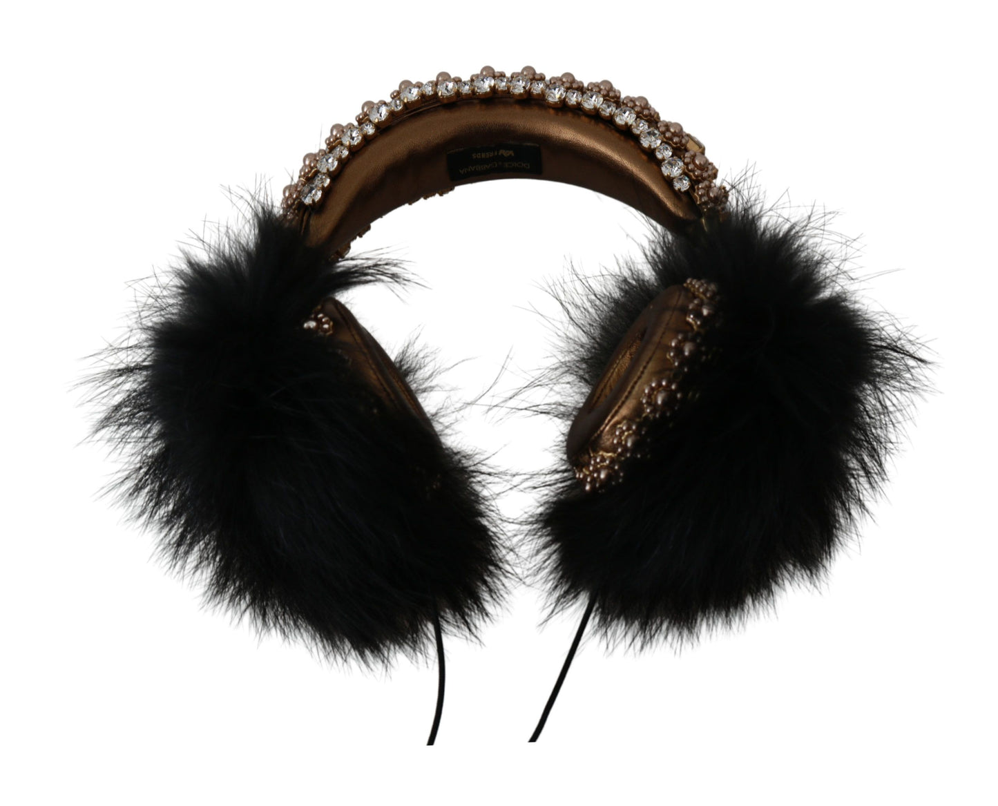 Dolce &amp; Gabbana Gold Schwarz Crystal Fur Headset Audio Kopfhörer