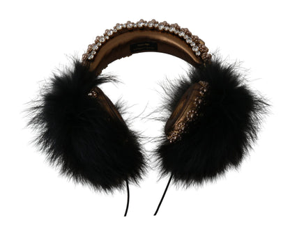 Dolce &amp; Gabbana Gold Schwarz Crystal Fur Headset Audio Kopfhörer