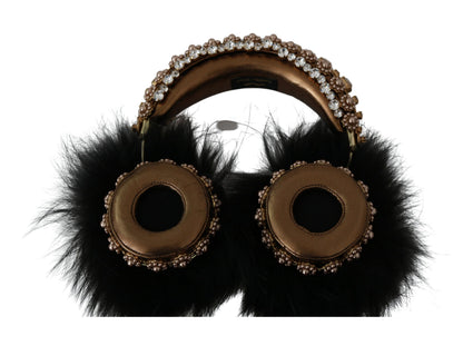 Dolce &amp; Gabbana Gold Schwarz Crystal Fur Headset Audio Kopfhörer