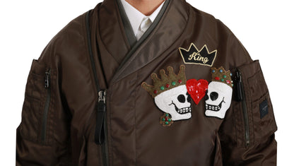 Dolce &amp; Gabbana – Braune Jacke mit Perlenkrone und Totenkopf-Logo