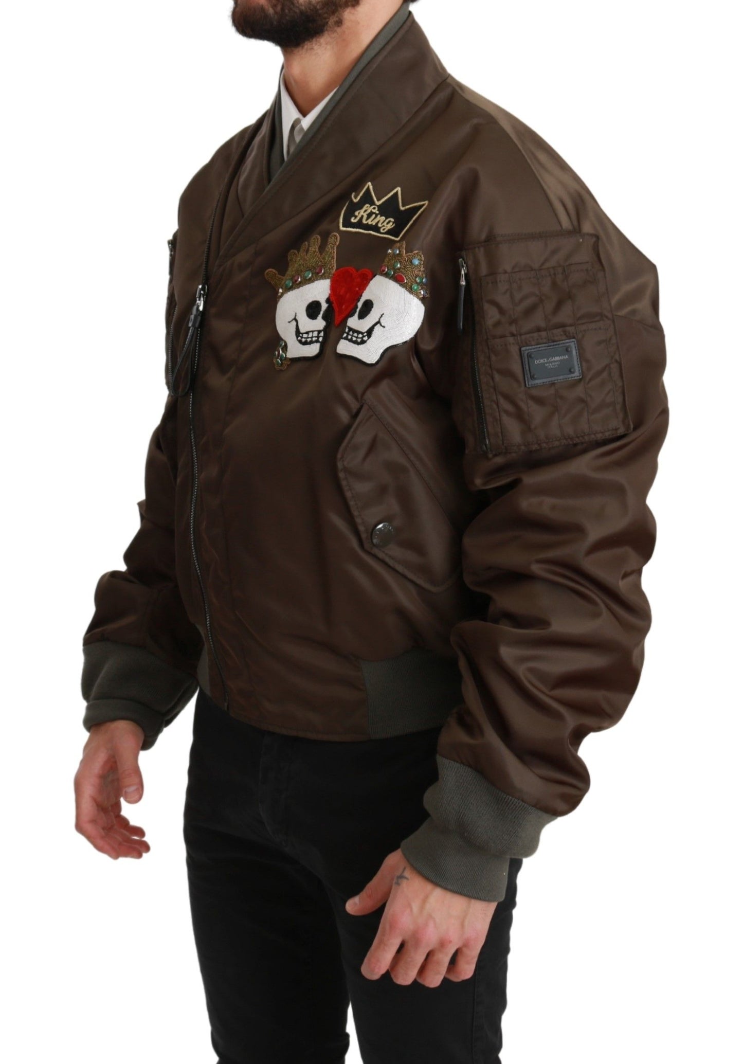 Dolce &amp; Gabbana – Braune Jacke mit Perlenkrone und Totenkopf-Logo