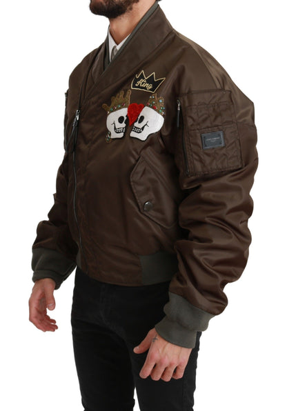 Dolce &amp; Gabbana – Braune Jacke mit Perlenkrone und Totenkopf-Logo