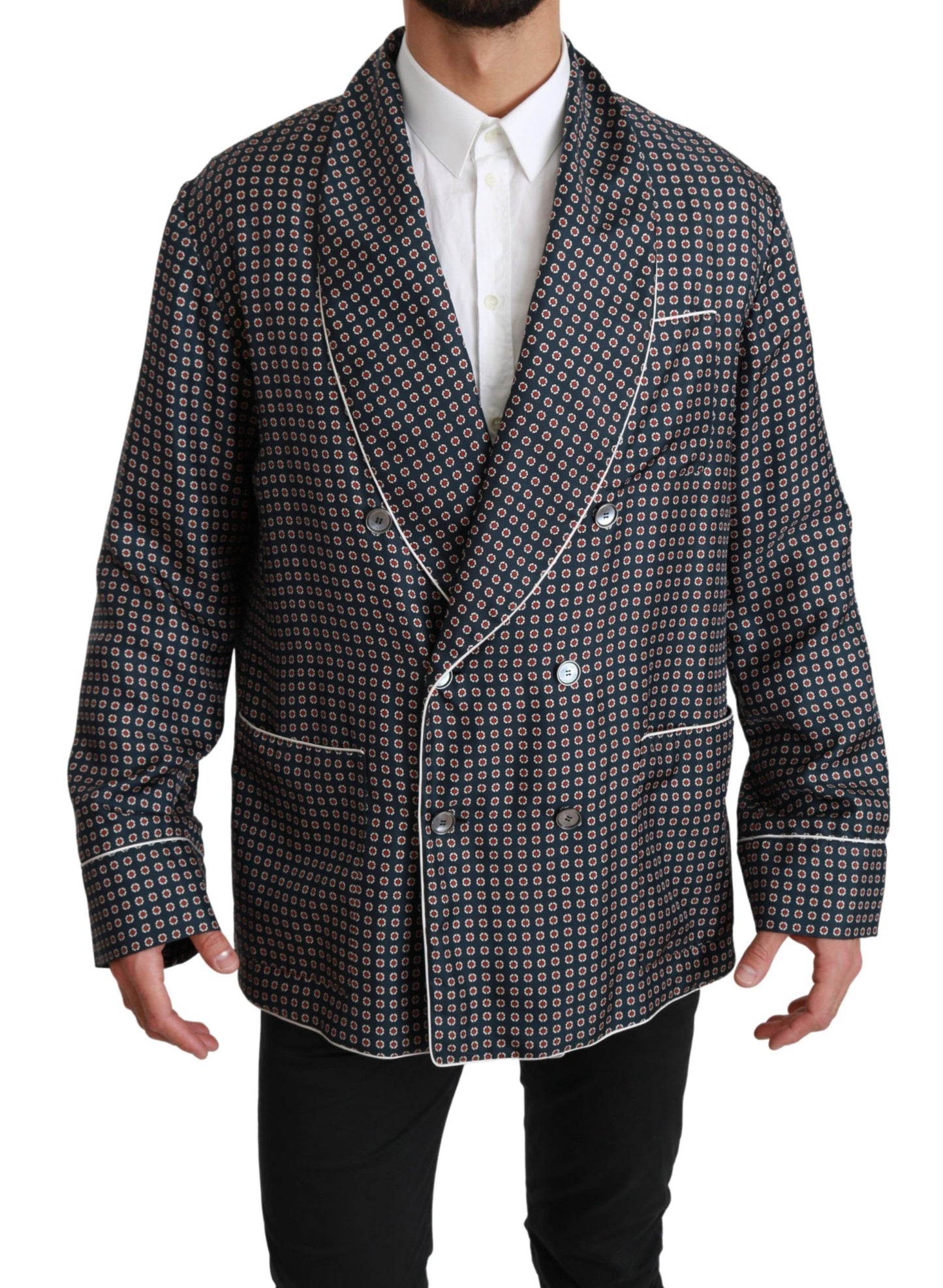 Dolce &amp; Gabbana – Zweireihige Manteljacke in Marineblau mit Muster