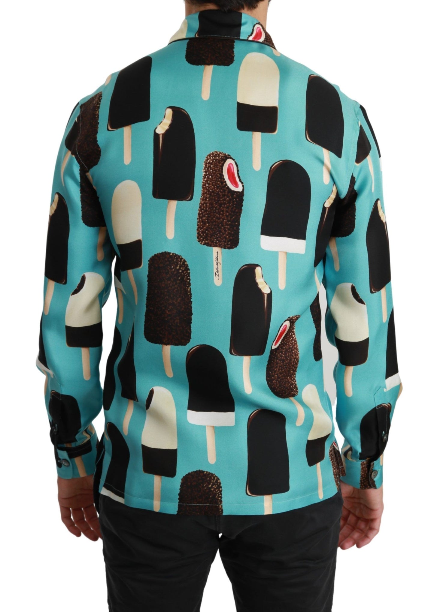 Dolce &amp; Gabbana Blaues Seiden-Freizeithemd mit Eiscreme-Print