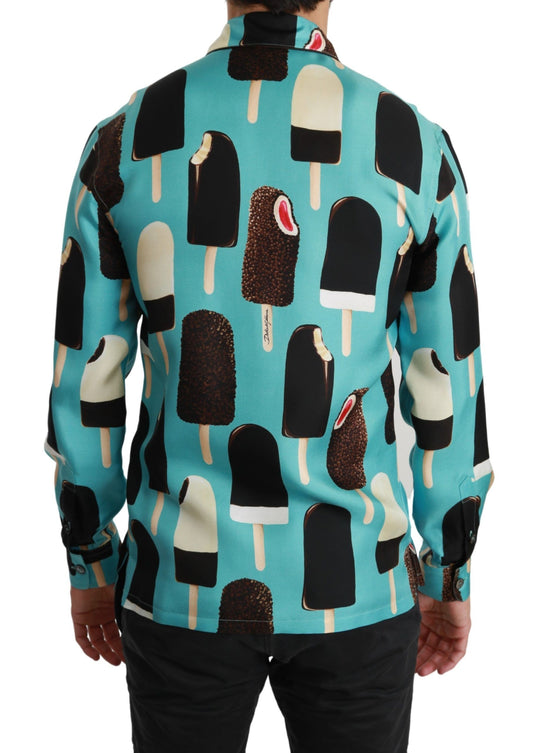 Dolce &amp; Gabbana Blaues Seiden-Freizeithemd mit Eiscreme-Print