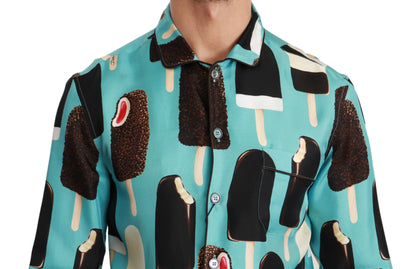 Dolce &amp; Gabbana Blaues Seiden-Freizeithemd mit Eiscreme-Print
