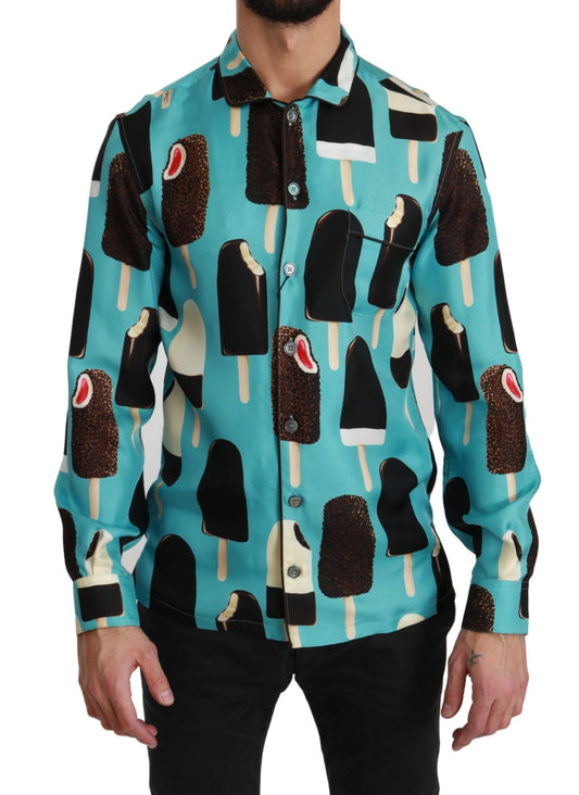 Dolce &amp; Gabbana Blaues Seiden-Freizeithemd mit Eiscreme-Print