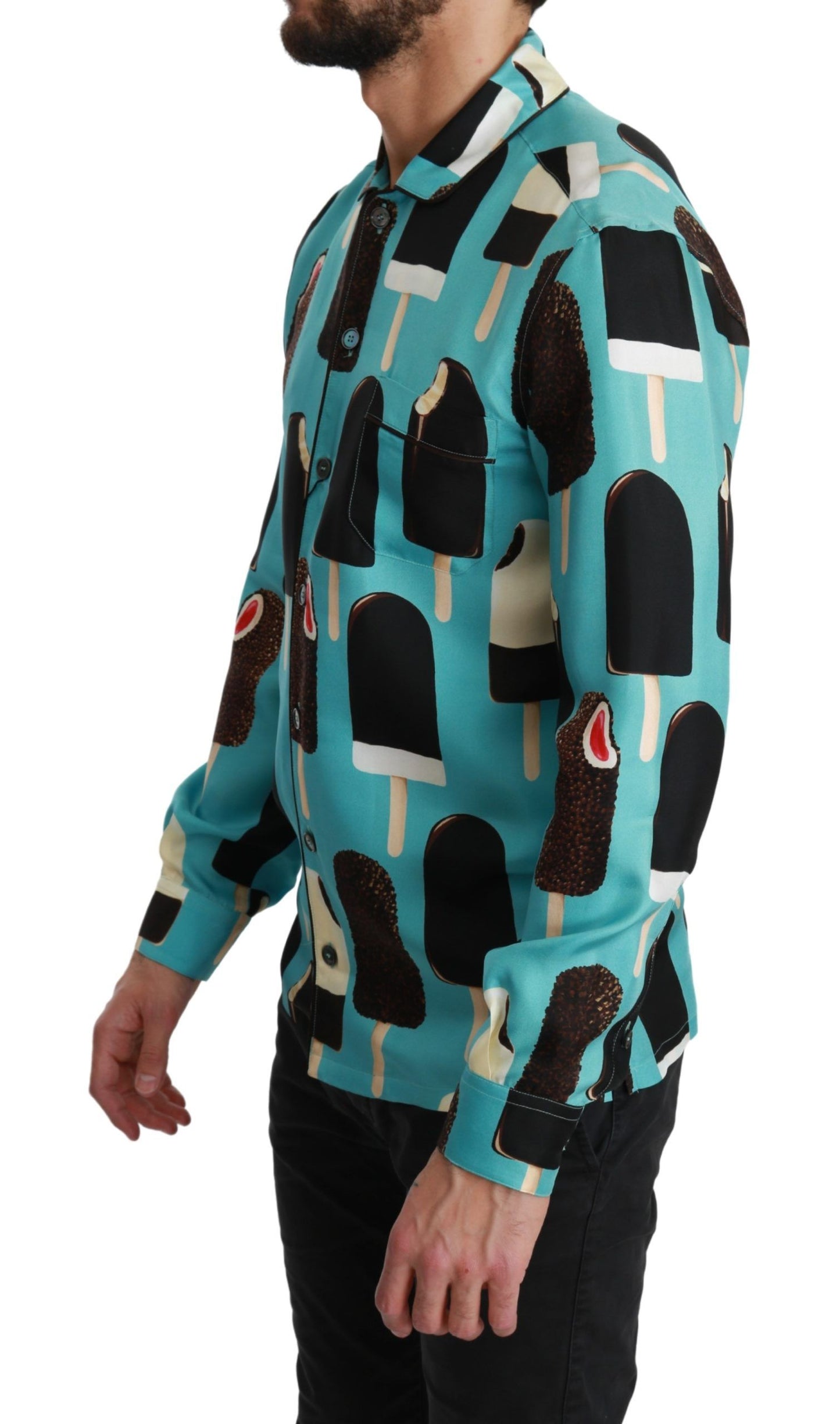 Dolce &amp; Gabbana Blaues Seiden-Freizeithemd mit Eiscreme-Print