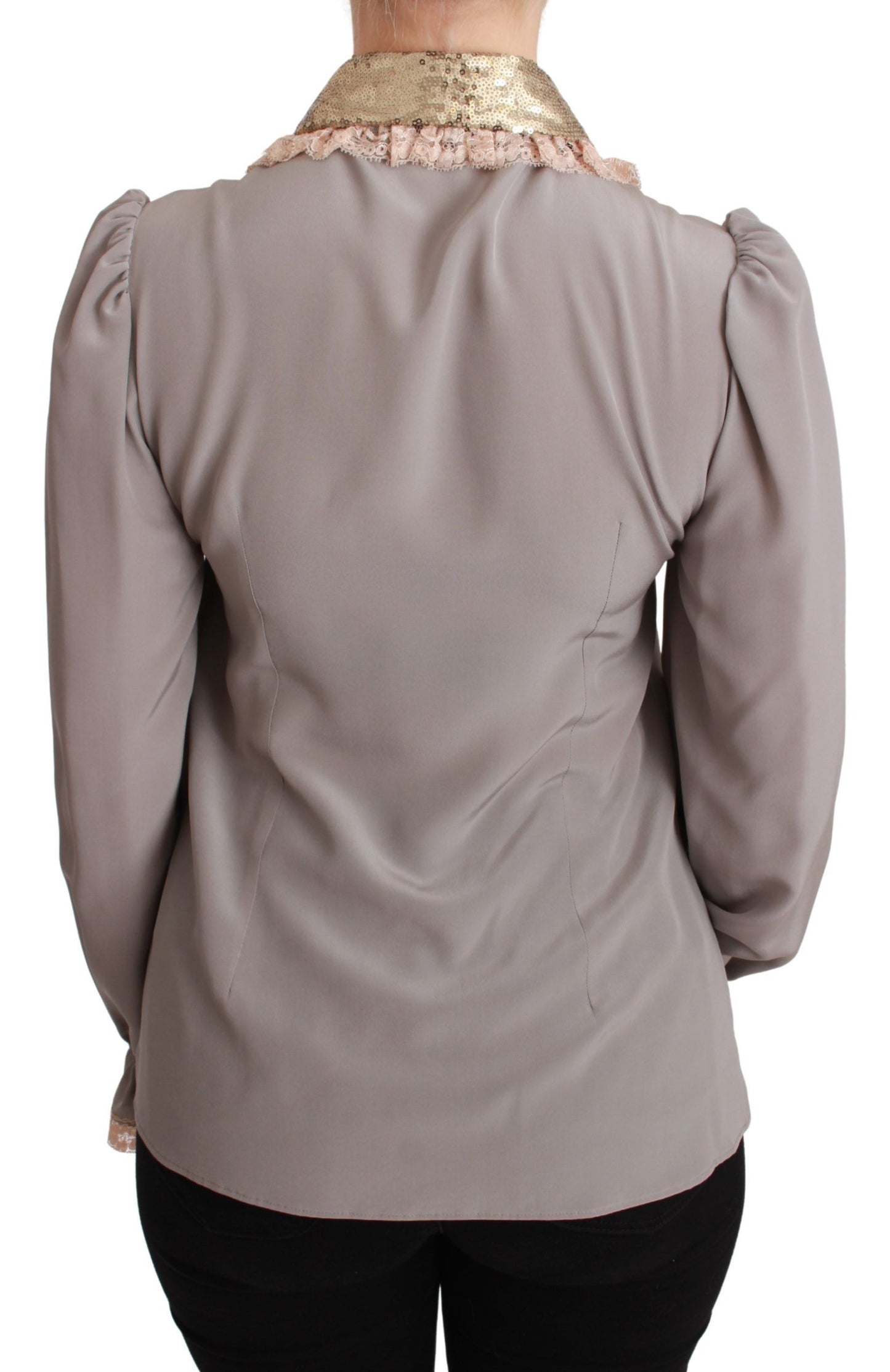 Dolce &amp; Gabbana Blusenhemd aus grauer Seide mit goldenen Pailletten und Spitze