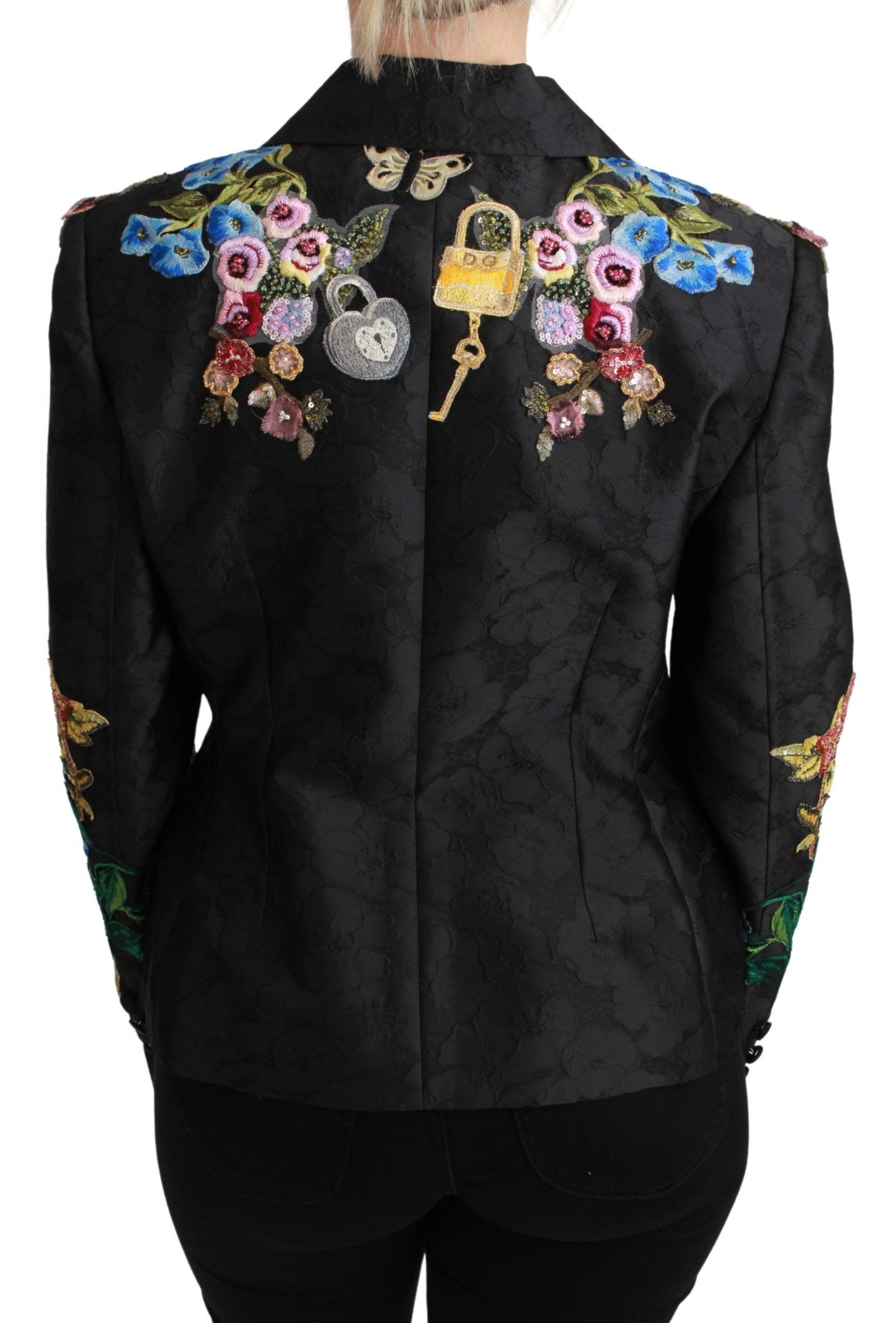 Dolce &amp; Gabbana – Schwarze Blazerjacke aus Brokat mit Kristallen