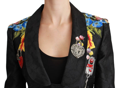 Dolce &amp; Gabbana – Schwarze Blazerjacke aus Brokat mit Kristallen