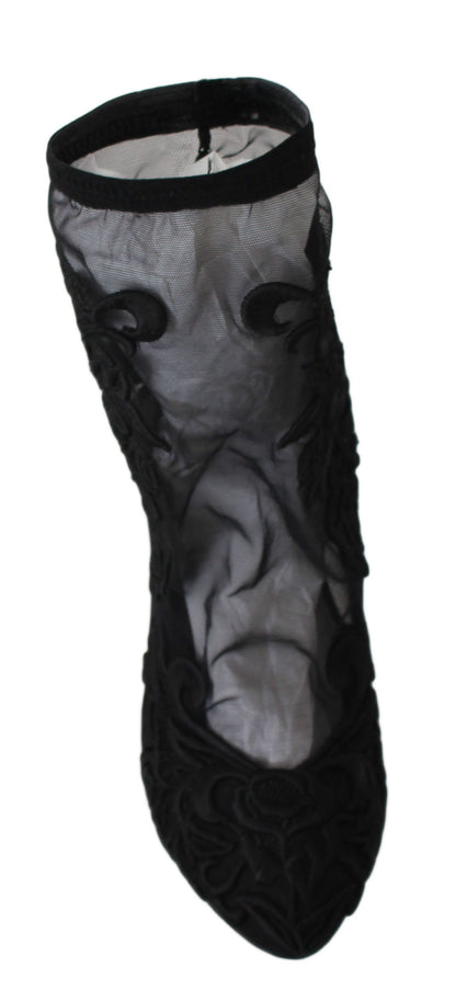 Dolce &amp; Gabbana Schwarze Rosen Stilettos Booties Socken Schuhe