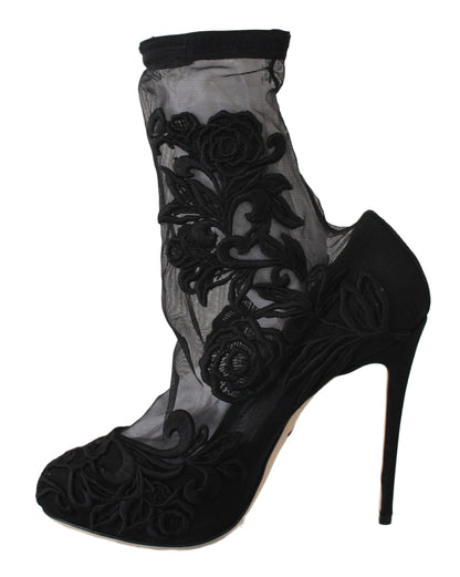 Dolce &amp; Gabbana Schwarze Rosen Stilettos Booties Socken Schuhe