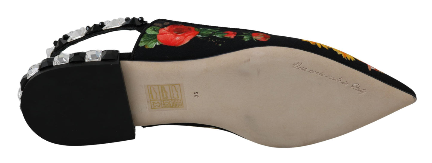Dolce &amp; Gabbana – Schwarze Slingback-Schuhe mit Blumenmuster und Kristallen