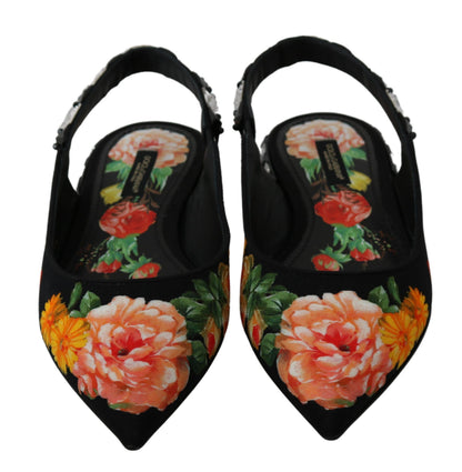 Dolce &amp; Gabbana – Schwarze Slingback-Schuhe mit Blumenmuster und Kristallen