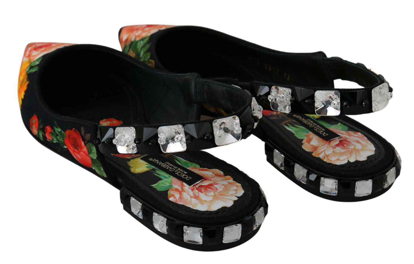 Dolce &amp; Gabbana – Schwarze Slingback-Schuhe mit Blumenmuster und Kristallen