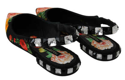 Dolce &amp; Gabbana – Schwarze Slingback-Schuhe mit Blumenmuster und Kristallen