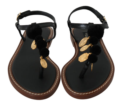 Dolce &amp; Gabbana Schwarze Ledermünzen Flip-Flops Sandalen Schuhe