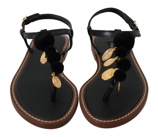 Dolce &amp; Gabbana Schwarze Ledermünzen Flip-Flops Sandalen Schuhe