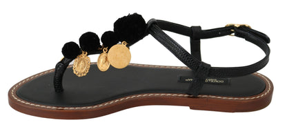 Dolce &amp; Gabbana Schwarze Ledermünzen Flip-Flops Sandalen Schuhe