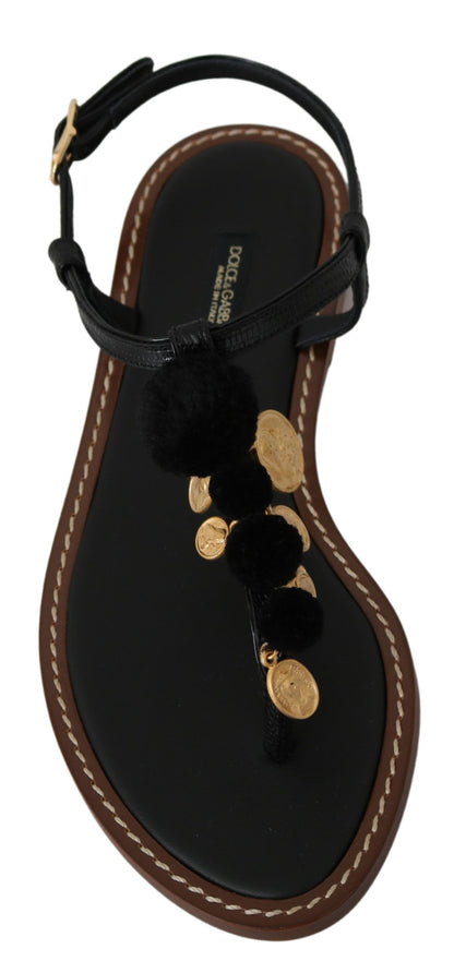 Dolce &amp; Gabbana Schwarze Ledermünzen Flip-Flops Sandalen Schuhe