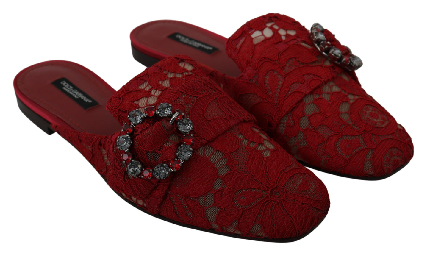 Dolce &amp; Gabbana – Rote Slipper mit Kristallen aus Spitze