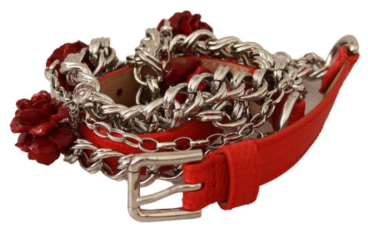 Dolce &amp; Gabbana – Roter Ledergürtel mit Rosen- und Blumenmuster in Silber