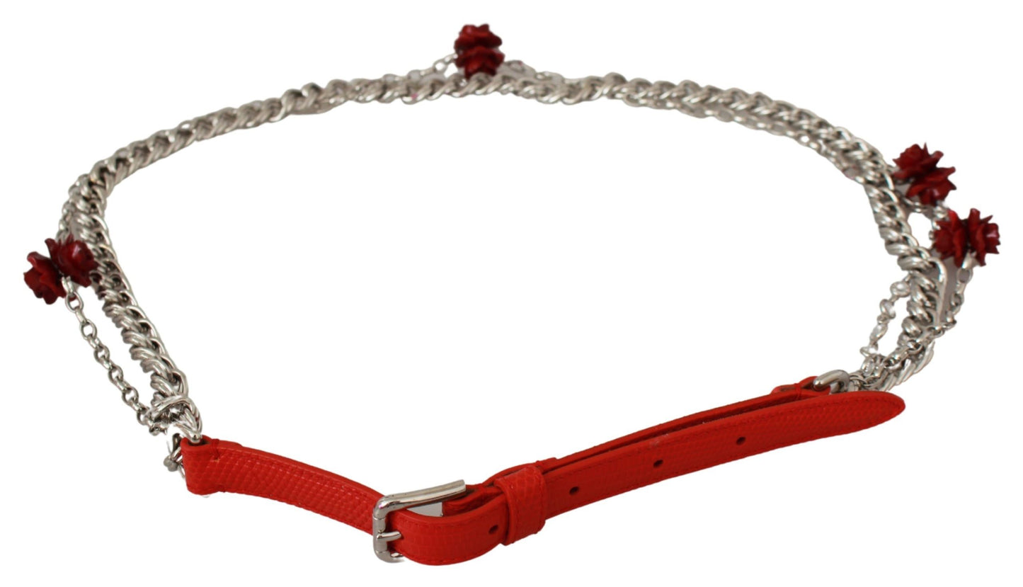 Dolce &amp; Gabbana – Roter Ledergürtel mit Rosen- und Blumenmuster in Silber