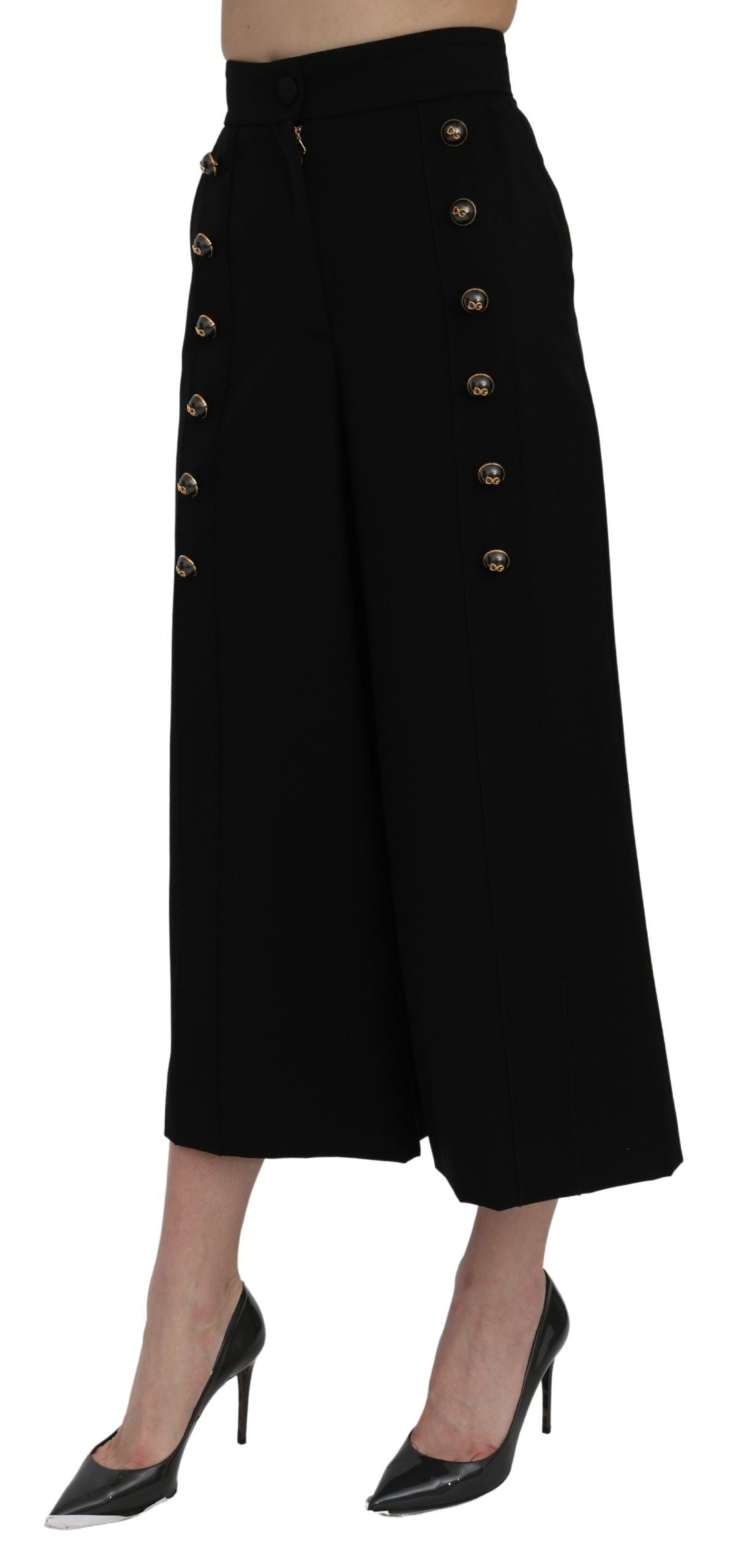 Dolce &amp; Gabbana – Schwarze, knöchellange Hose mit weitem Bein und hoher Taille