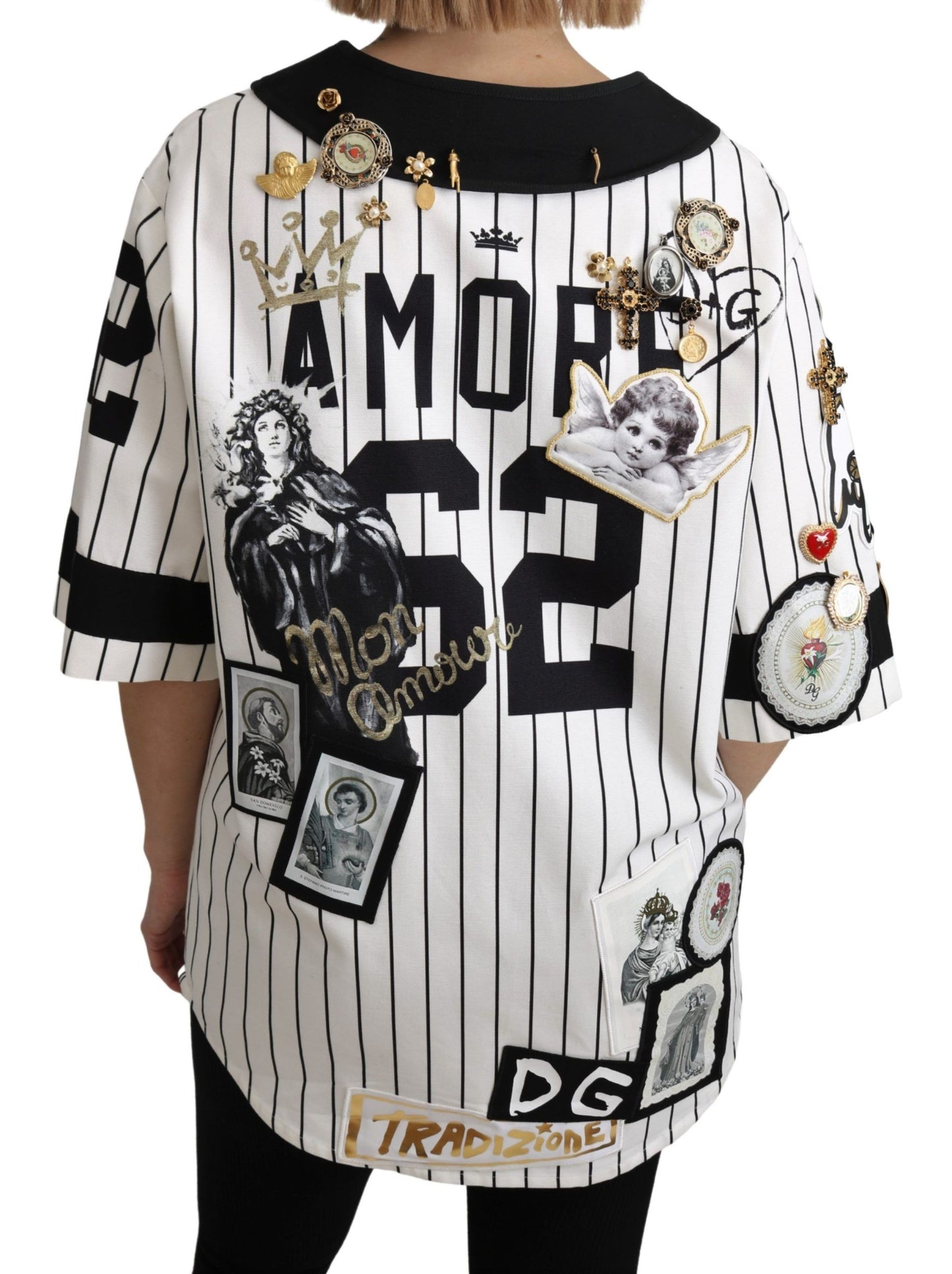 Dolce &amp; Gabbana Weiße und schwarze Bluse Cotton Crystal Charms Amore Shirt