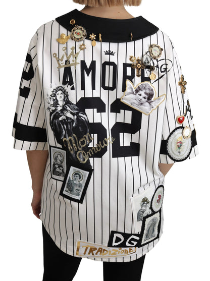 Dolce &amp; Gabbana Weiße und schwarze Bluse Cotton Crystal Charms Amore Shirt