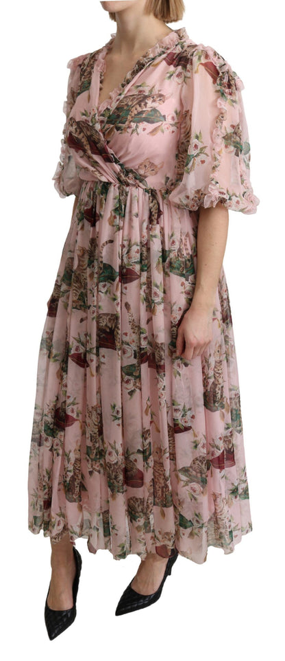 Dolce &amp; Gabbana – A-Linien-Maxikleid aus Seide mit rosa Bengalkatzen-Print