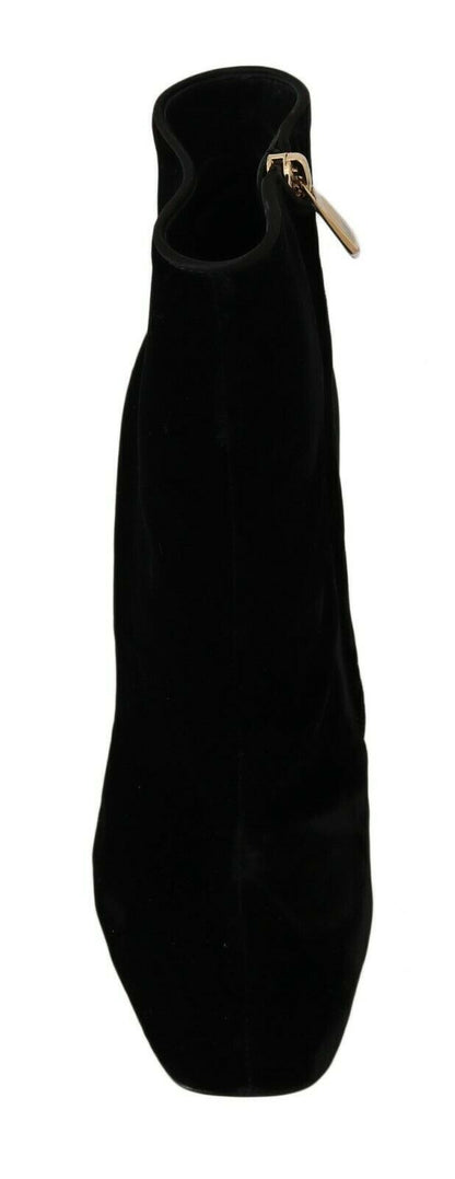 Dolce &amp; Gabbana – Schwarze Samtschuhe mit eckigem Absatz und Kristallen