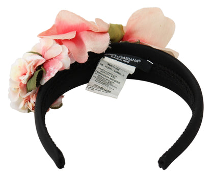 Dolce & Gabbana Pink Silk Black Floral Headband Logo Diadem
