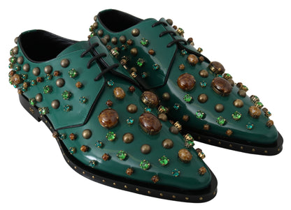 Dolce &amp; Gabbana Grüne Broque-Schuhe aus Leder mit Kristallen