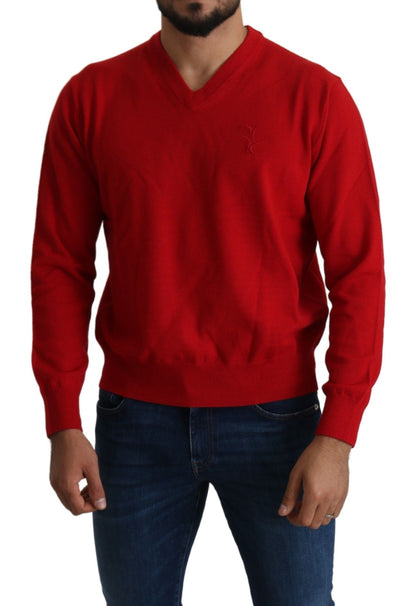 Billionaire Italian Couture – Roter Woll-Sweatshirt-Pullover mit V-Ausschnitt