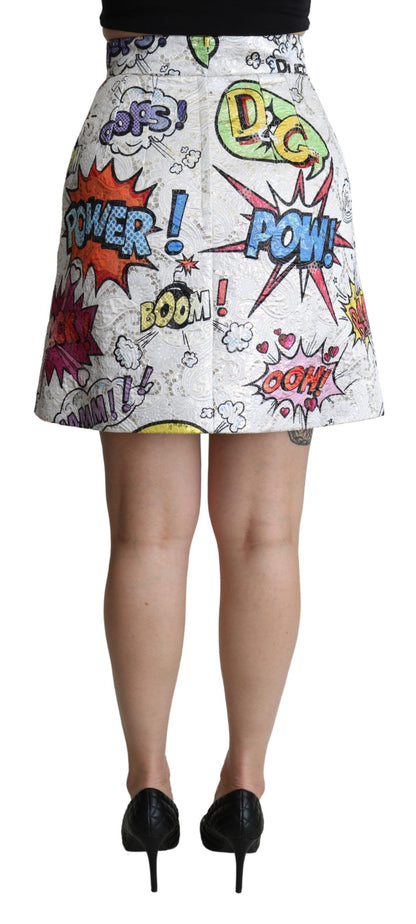 Dolce &amp; Gabbana – Weißer A-Linien-Rock aus Brokat mit Cartoon-Muster und hoher Taille